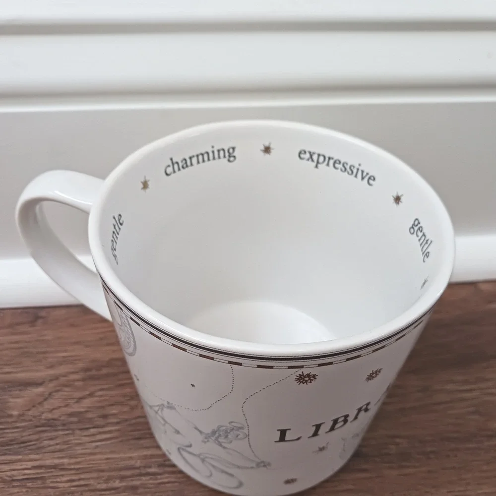 Williams Sonoma Libra Zodiac Coffee Mug White Gold Astrology Scales Owl Cup